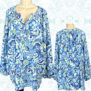Liz & Me 4X Blue Paisley Floral Long Sleeve Henley Neck Smocked Detail Tunic Top